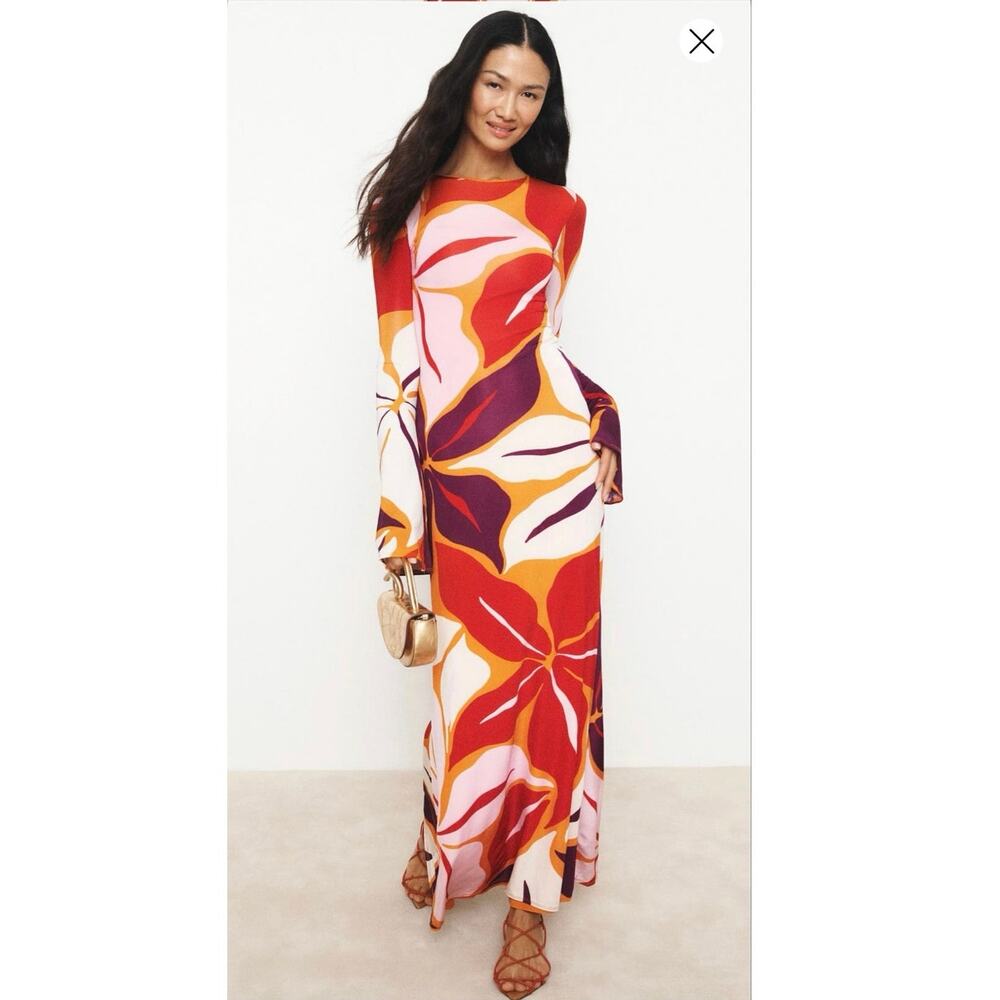 CALA DE LA CRUZ Red Orange Amay Floral Long Sleeve Crewneck Maxi Gown sz Small